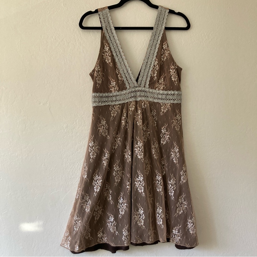 Hourglass Y2K Brown Lace Mini Dress V Neck Mesh Fairy Grunge Whimsigoth Floral
